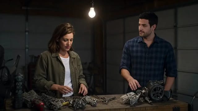 In a dim garage under one hanging bulb, a woman in an olive jacket works at a cluttered workbench while a man in a plaid shirt leans in to look