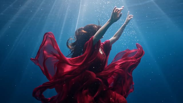 A woman in a flowing crimson silk gown sinks slowly through deep blue water, the fabric blooming around her as shafts of light fall from the surface