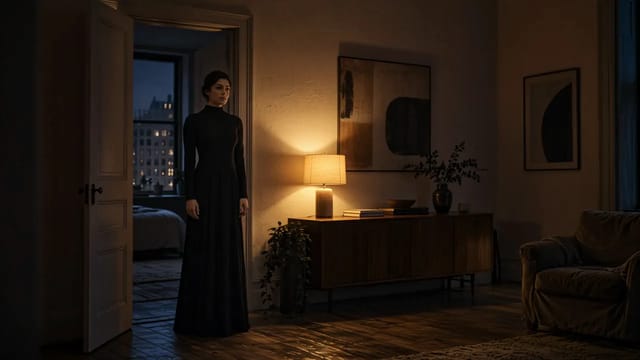 In a lamp-lit apartment at night, a woman in a black high-necked gown walks from the doorway to the window and stops, looking out