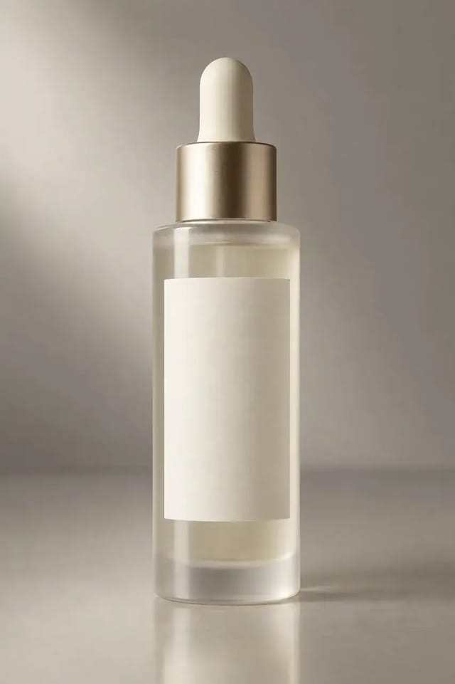 Flakon serum z matowego szkła ze złotą pipetą obraca się o ćwierć obrotu pod jednym miękkim światłem kluczowym, refleks biegnie przez całą wysokość szkła, po czym flakon wraca