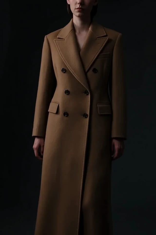 A camel double-breasted wool coat worn by a model turns once on a dark stage, the hem swinging open and settling