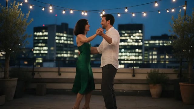 On a city rooftop under string lights at blue hour, a man in a white shirt draws a woman in a green satin dress in by the hand and lowers her into a dance dip