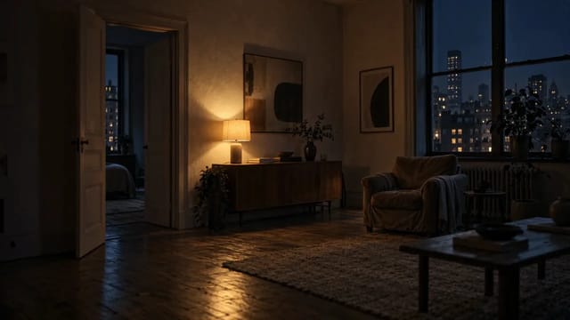 In a dim city apartment at night, a woman in a black satin slip dress walks from the doorway across the living room to the window and looks out