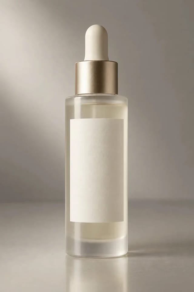 A frosted serum bottle with a gold dropper cap turns a quarter turn under soft side light so the highlight travels across the glass, then returns to its starting angle