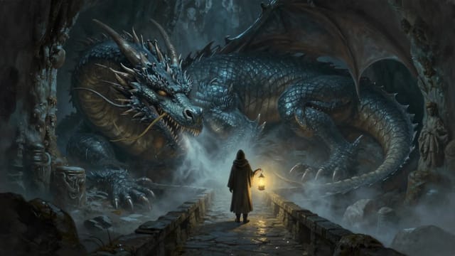 A hooded figure with a lantern stands on a stone bridge in a misty cavern before an enormous coiled dragon.