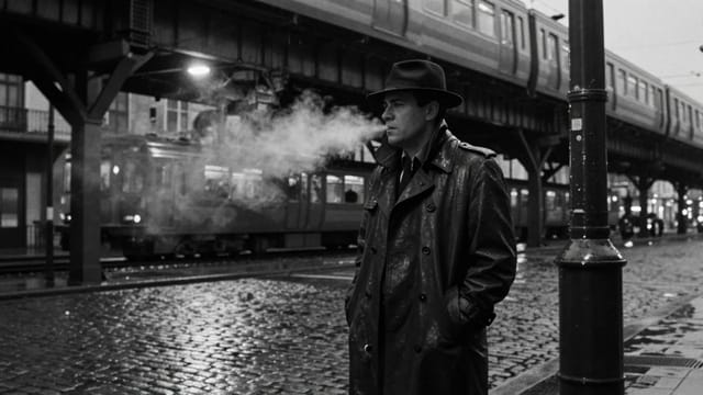 Black-and-white photo of a man in a trench coat and felt hat on wet cobblestones under an elevated railway, his breath fogging as a train passes overhead.