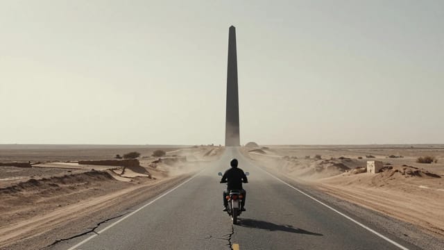 A lone motorcyclist rides a cracked desert highway toward a towering black monolith in pale morning haze.