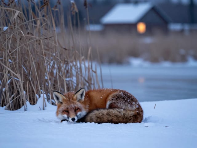 A red fox curled asleep in fresh snow beside frozen reeds, a warm farmhouse window glowing in the blue dawn behind it.