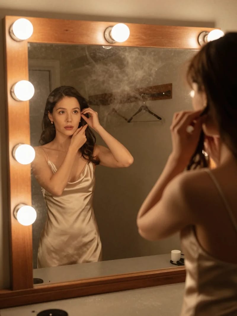 Z-Image Turbo example of an adult performer in a champagne satin dress beside a backstage mirror