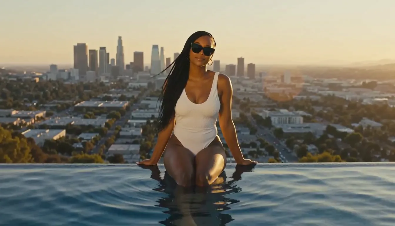 A Black woman with long braids in a white one-piece swimsuit standing waist-deep in a rooftop infinity pool at golden hour, the Los Angeles skyline behind her
