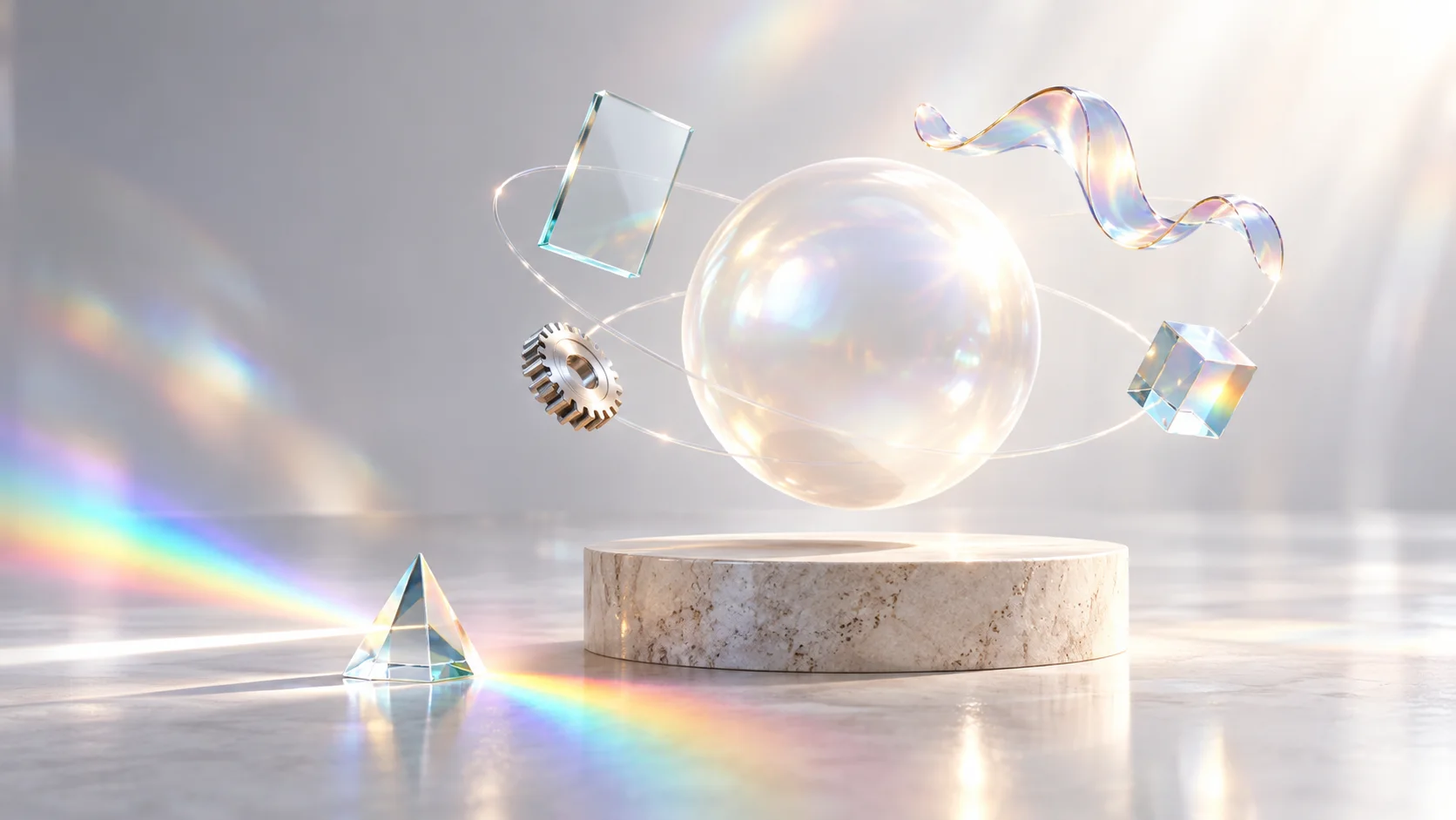 Copertina di Muse Wonder 1.0: una scena luminosa e ariosa: una sfera bianco perla sopra un piedistallo chiaro, attorno a cui orbitano una lastra di vetro, un ingranaggio, un nastro e un cubo, con riflessi arcobaleno di un prisma.