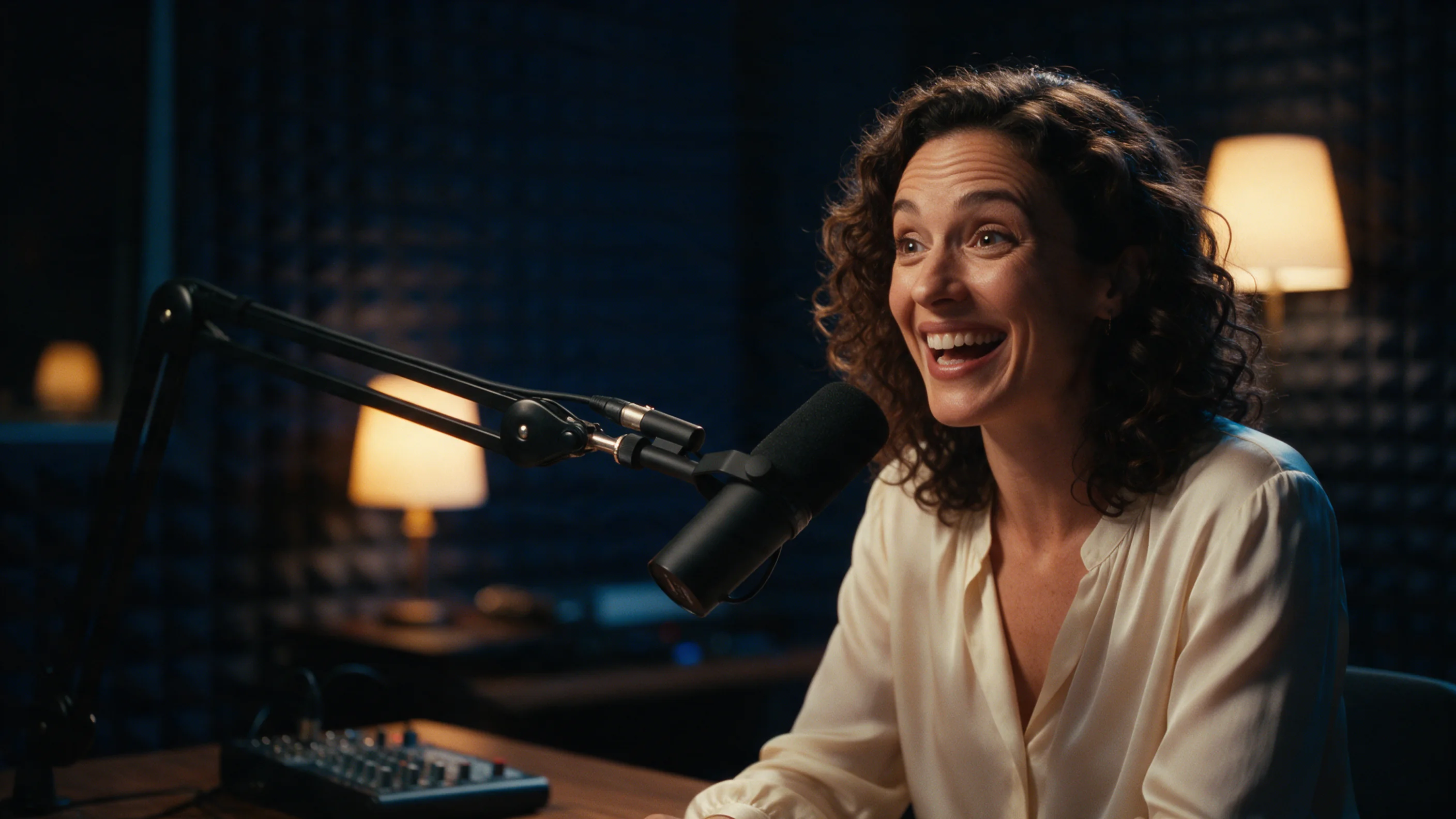 Plan cinématographique d’un studio de podcast en fin de soirée : une femme aux boucles naturelles, en chemisier de soie crème, rit en pleine phrase face à une perche micro noire, avec des panneaux acoustiques bleu marine et deux lampes chaudes derrière elle.