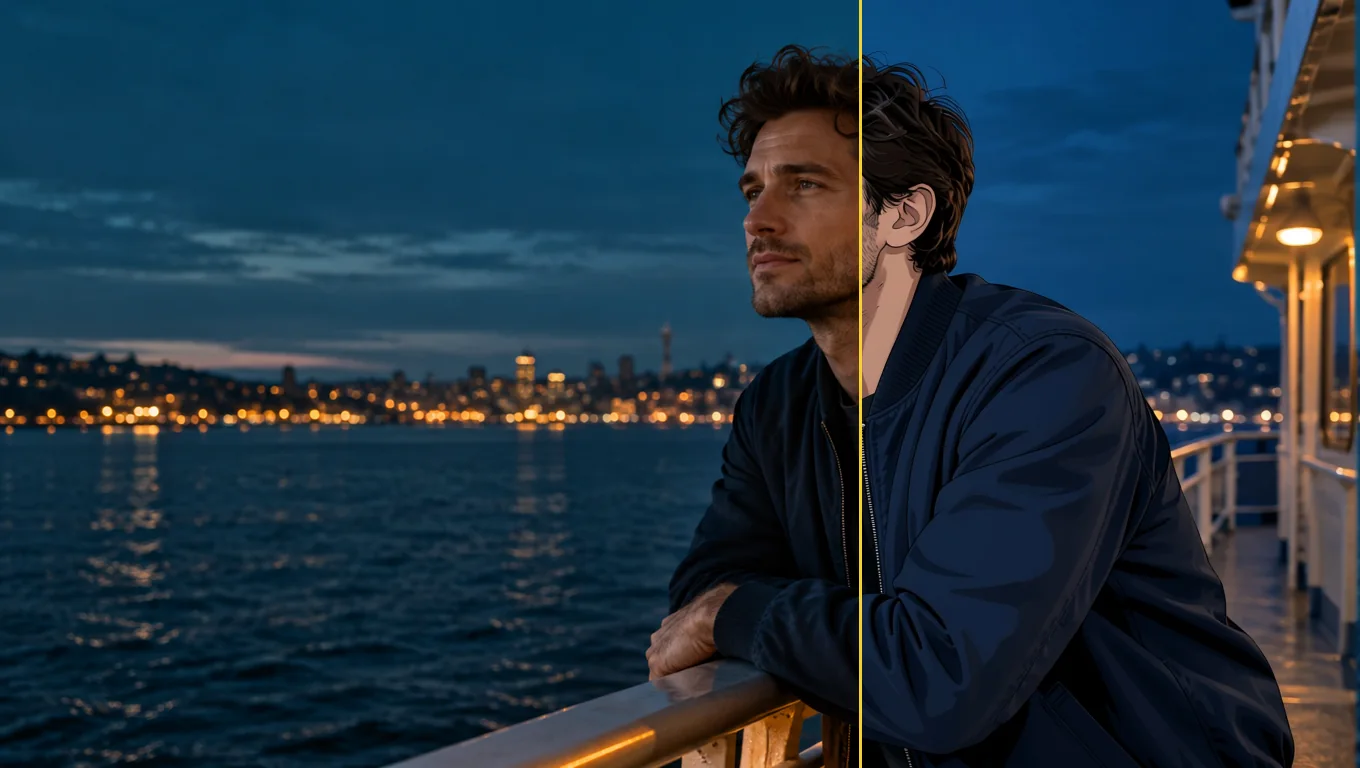 Photo to Anime result shown as a split frame: a man in a navy bomber jacket leaning on a ferry railing at blue hour, with the seam running through his face, the photo on the left and the same frame redrawn as anime on the right.