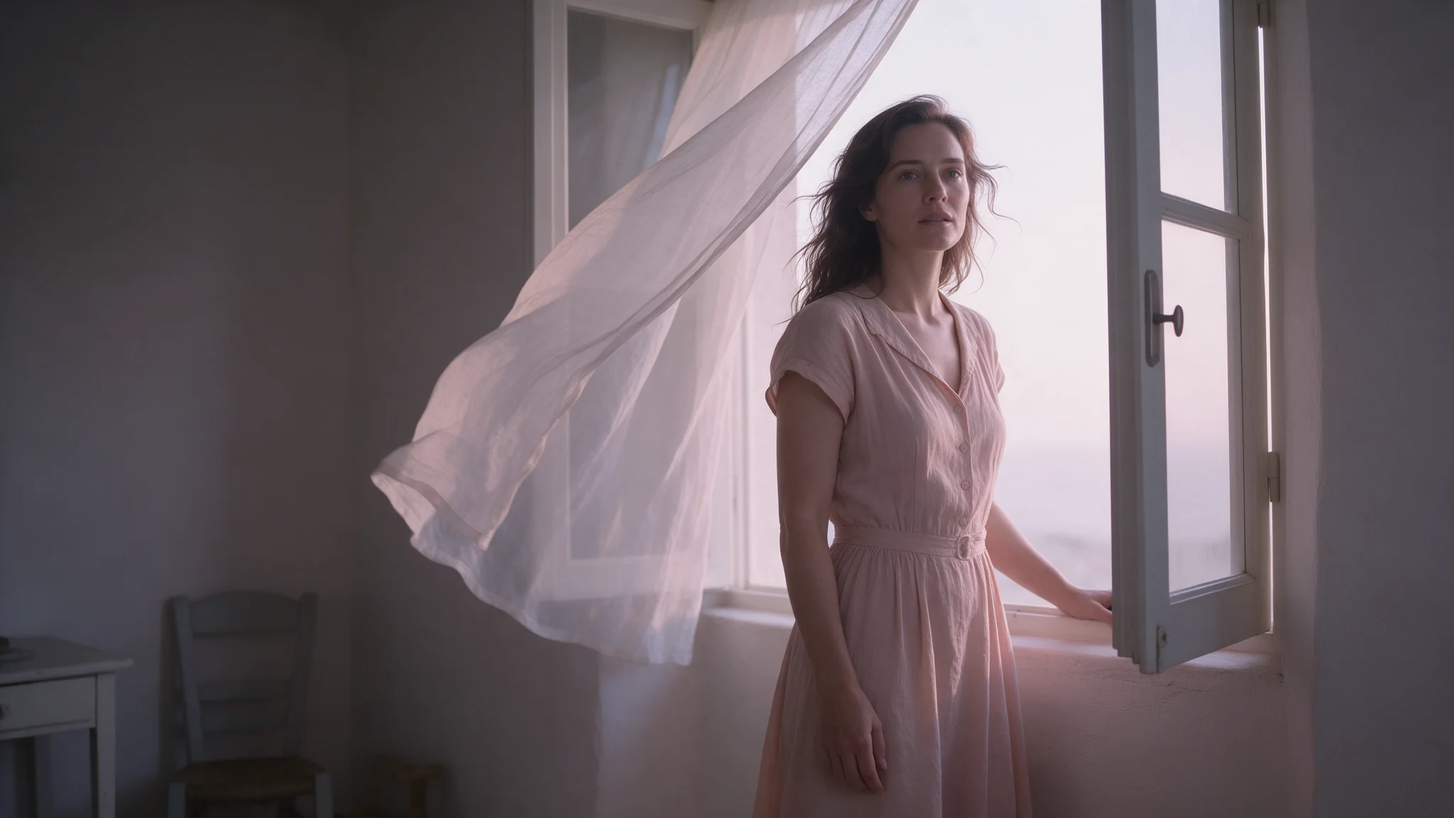 Copertina di Seedream 5.0 Lite: una donna con un abito di cotone rosa pallido accanto a una finestra aperta in una stanza dall'intonaco chiaro, una tenda leggera mossa dalla brezza del mattino