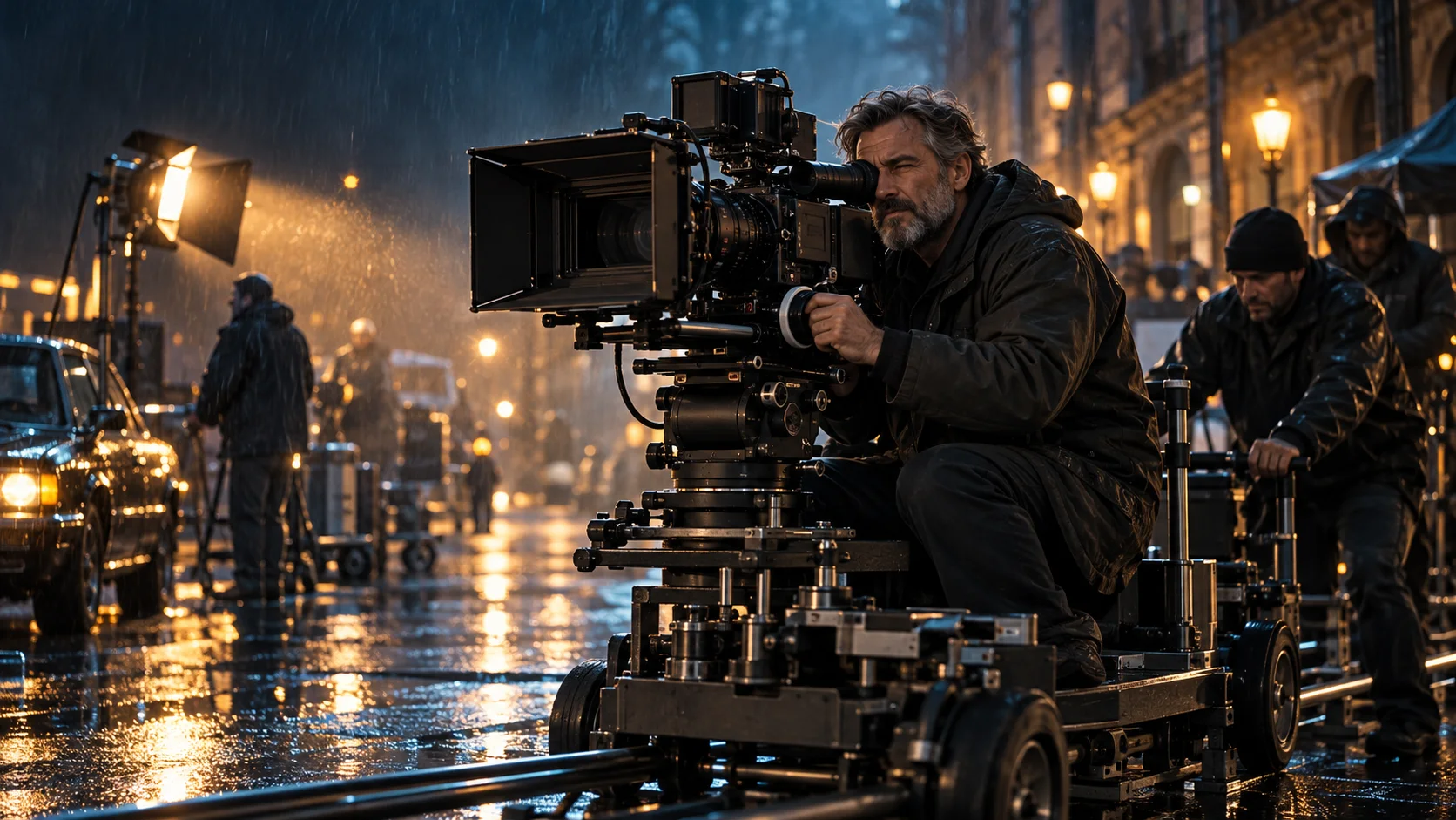 Imagen de portada de Veo 3.1, no es una salida del modelo: en un set callejero nocturno empapado por la lluvia, un director de fotografía de barba canosa mira por una gran cámara de cine sobre un dolly, bajo luces ámbar.