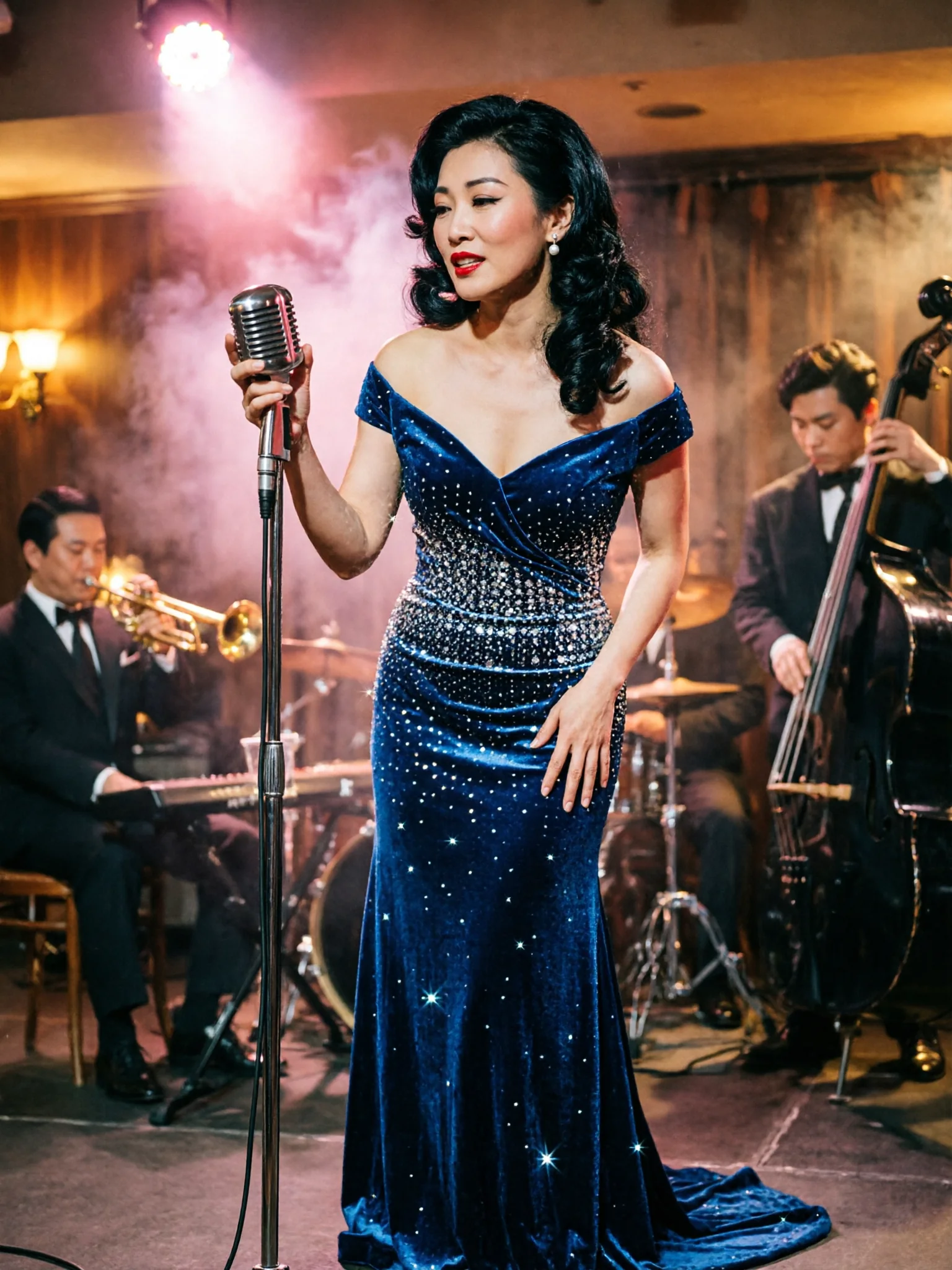 Una cantante in abito blu notte di paillettes davanti a un microfono vintage in un supper club fumoso, con la band sfocata alle sue spalle.