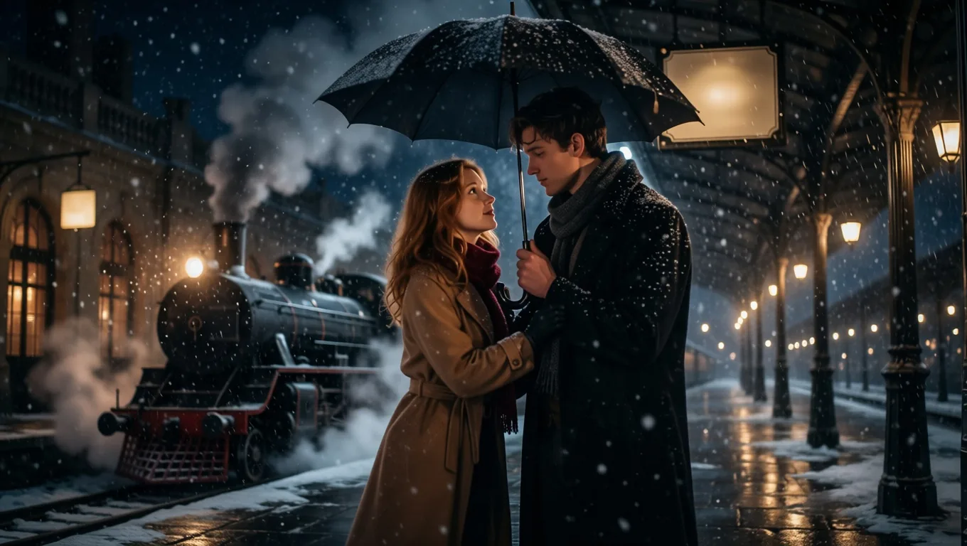A realistic photograph of a couple under an umbrella on a snowy railway platform with a steam train behind them.