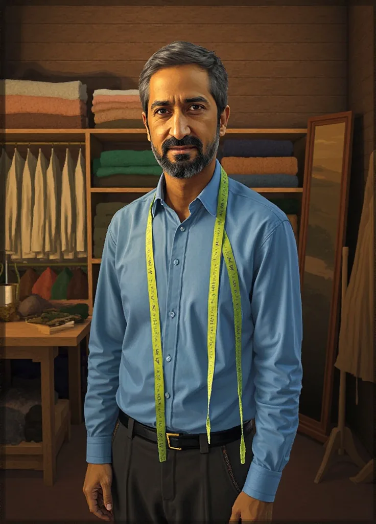 Illustrazione dipinta di un sarto barbuto con una camicia blu e un metro giallo al collo, con scaffali di stoffe piegate e uno specchio a figura intera dietro di lui