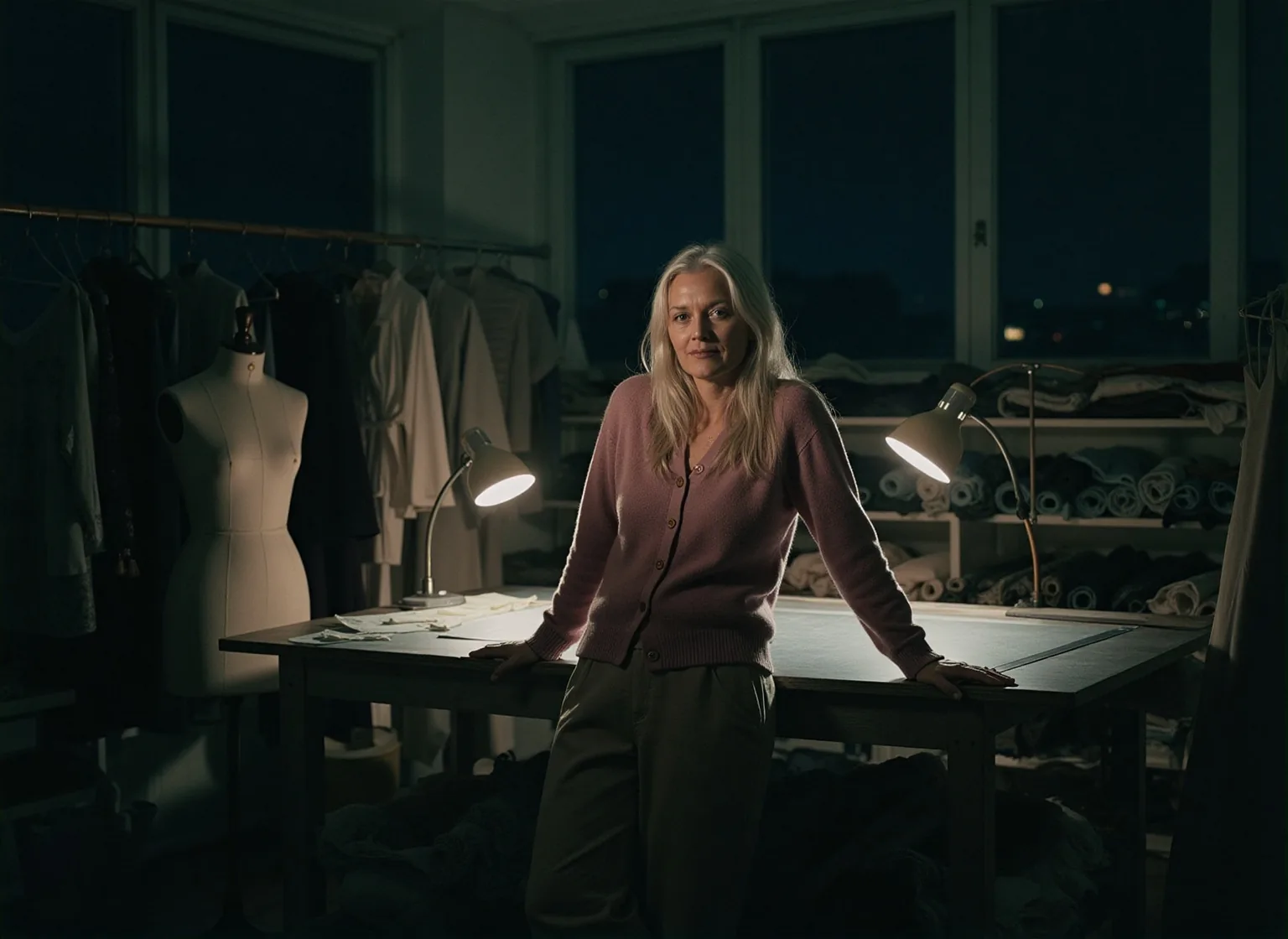 Una donna con lunghi capelli biondo argento e un cardigan color prugna appoggiata a un tavolo da taglio in un atelier di sartoria di notte, con due lampade da scrivania, un manichino e scaffali di stoffe intorno a lei