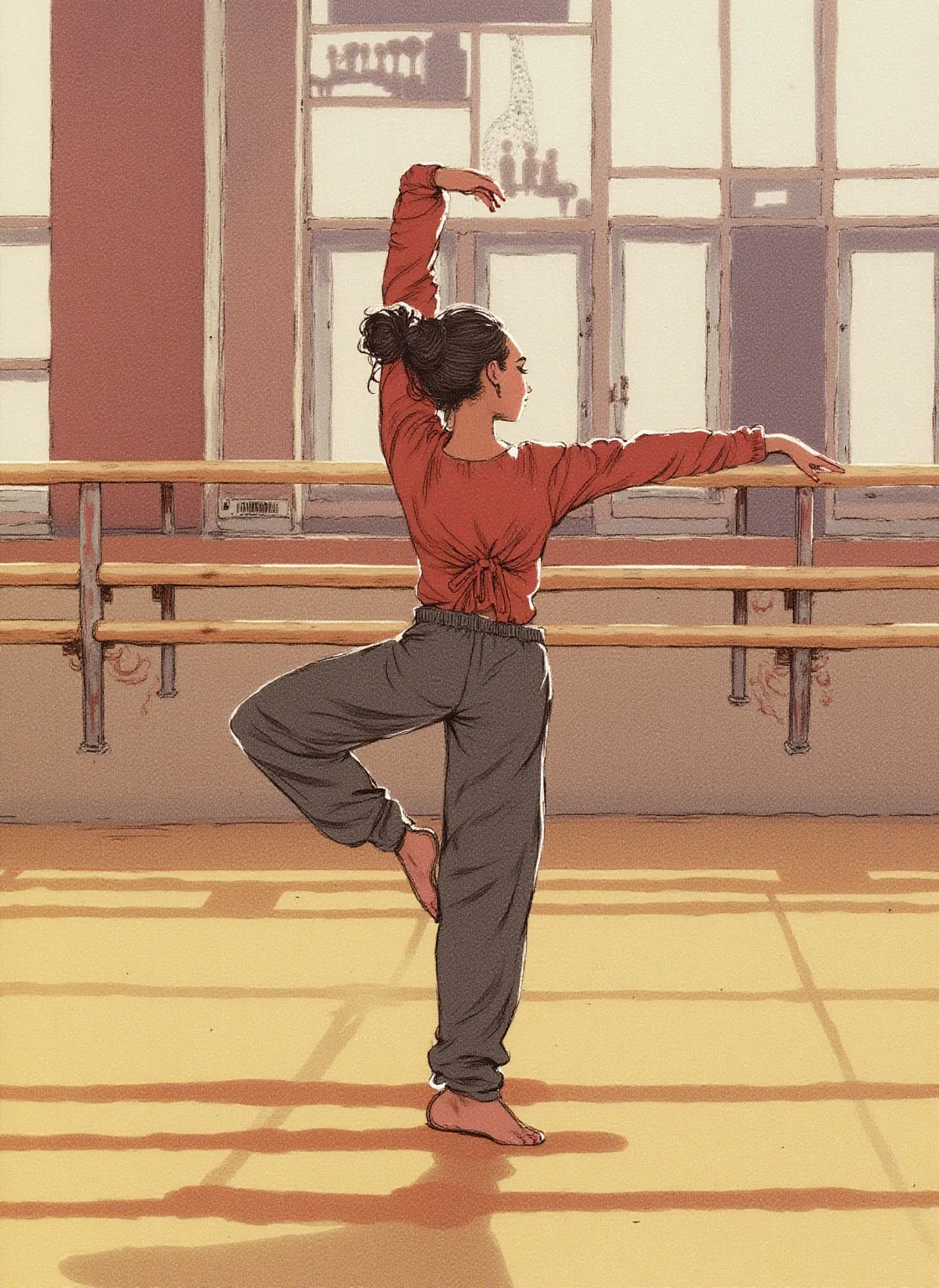 Illustrazione a inchiostro e colore di una ballerina vista di spalle, con un top a portafoglio rosso e pantaloni grigi, in equilibrio su una gamba alla sbarra in una sala prove illuminata dal sole
