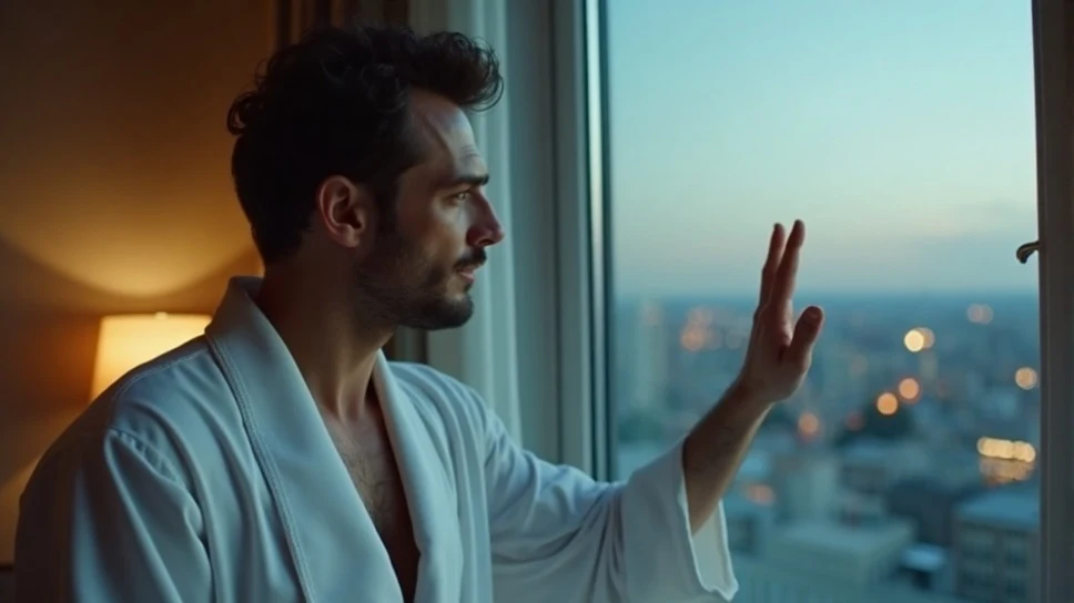 Mann in Weiß, eine Hand am Hotelfenster, dahinter die Lichter der Stadt in der Dämmerung