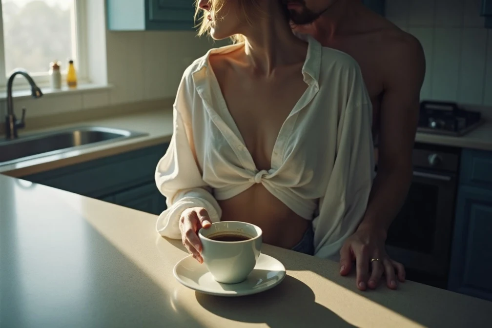 Paar in einer sonnendurchfluteten Küche, sie im weißen Hemd mit einer Tasse Kaffee, er hinter ihr