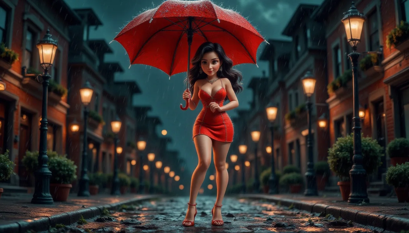 Eine Pin-up-Frau im Cartoon-Stil in einem kurzen roten Kleid, die nachts auf einer verregneten Straße einen roten Regenschirm dreht