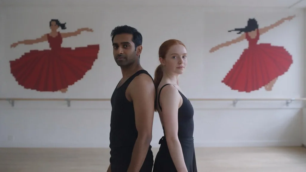Fotografia di un uomo e una donna schiena contro schiena in una sala di danza vuota, con un murale pixel art di due ballerine in abito rosso dipinto sulla parete dietro di loro