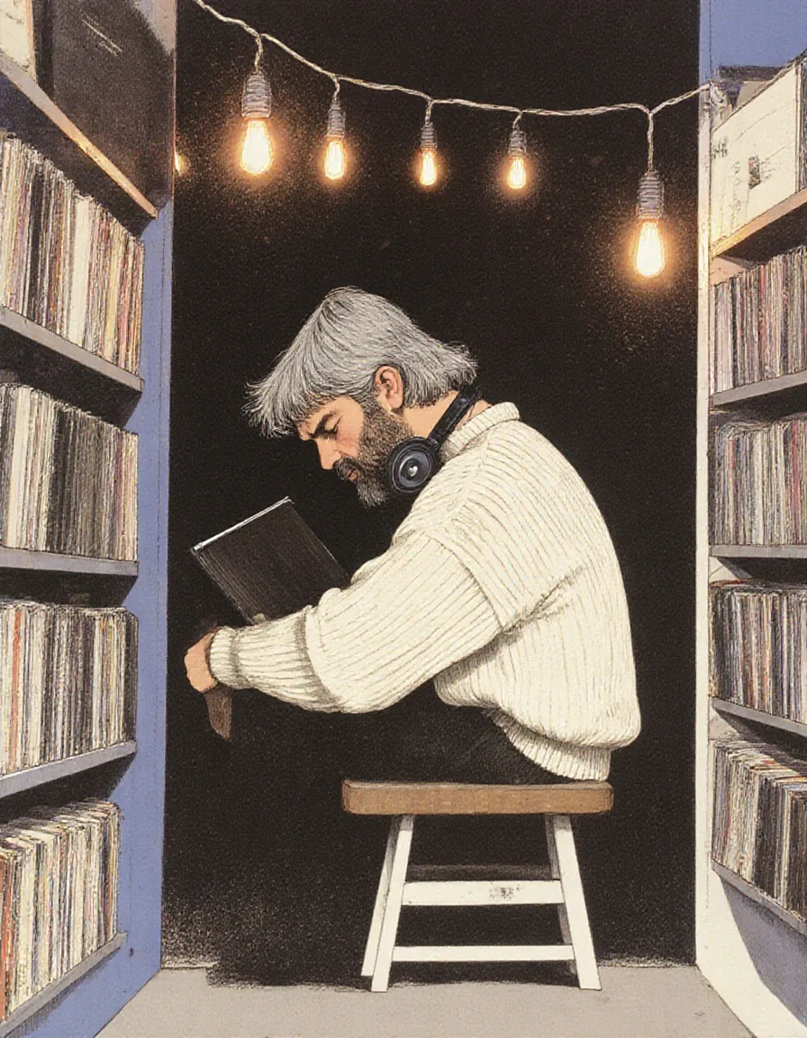 Illustrazione di un uomo dai capelli grigi in un maglione color crema, seduto su uno sgabello tra scaffali di dischi, con le cuffie, che stringe al petto la copertina di un disco sotto lampadine calde
