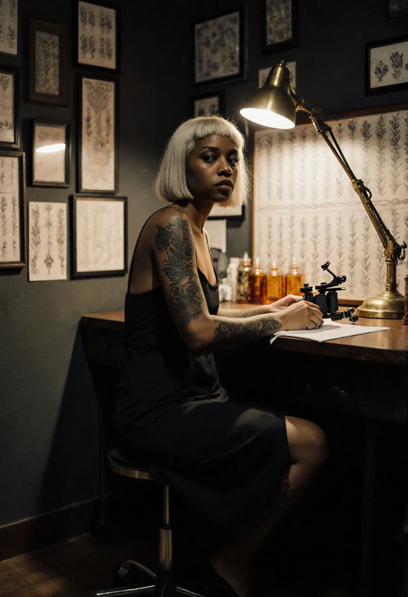 Fotografia analogica di una donna nera con capelli corti decolorati e braccia tatuate, seduta a una scrivania per tatuaggi sotto una lampada d'ottone; flash art incorniciati alla parete