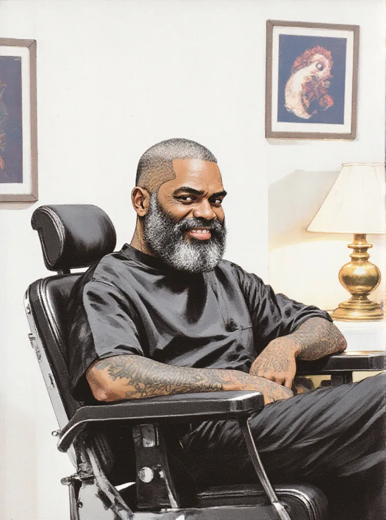 Illustrazione di un uomo sorridente con la barba grigia in camicia nera, seduto su una poltrona da tatuatore accanto a una lampada d’ottone, ridisegnata da una fotografia