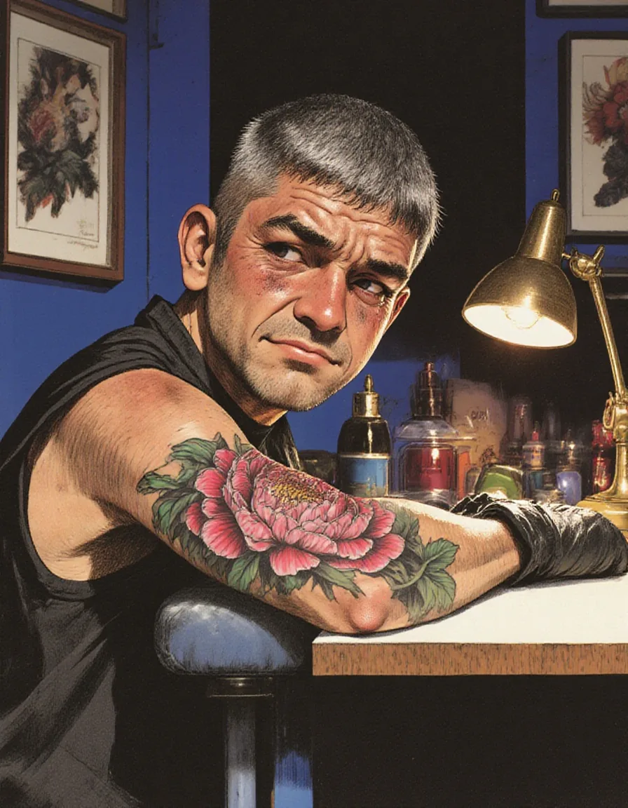 Illustrazione di un uomo in una maglia nera senza maniche con un tatuaggio fresco di peonia sull’avambraccio, che alza lo sguardo da un bracciolo imbottito sotto una lampada d’ottone