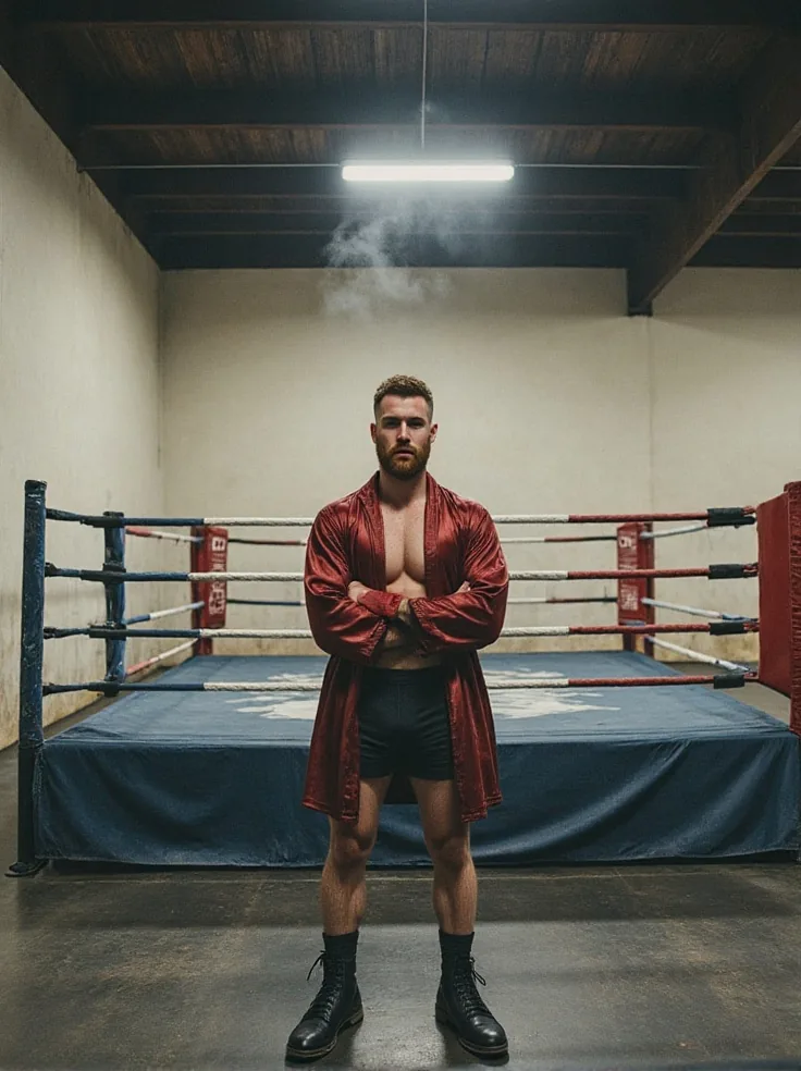 Un uomo con una corta barba rossiccia, in una vestaglia da boxe di raso rosso e pantaloncini neri, in piedi a braccia conserte davanti a un ring