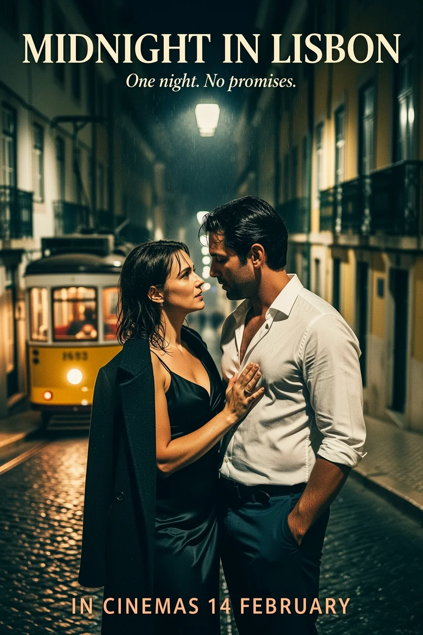 Plakat filmowy z mężczyzną i kobietą stojącymi blisko siebie pod latarnią na deszczowej ulicy w Lizbonie nocą, z żółtym tramwajem za nimi oraz tytułem, hasłem i linijką z datą premiery