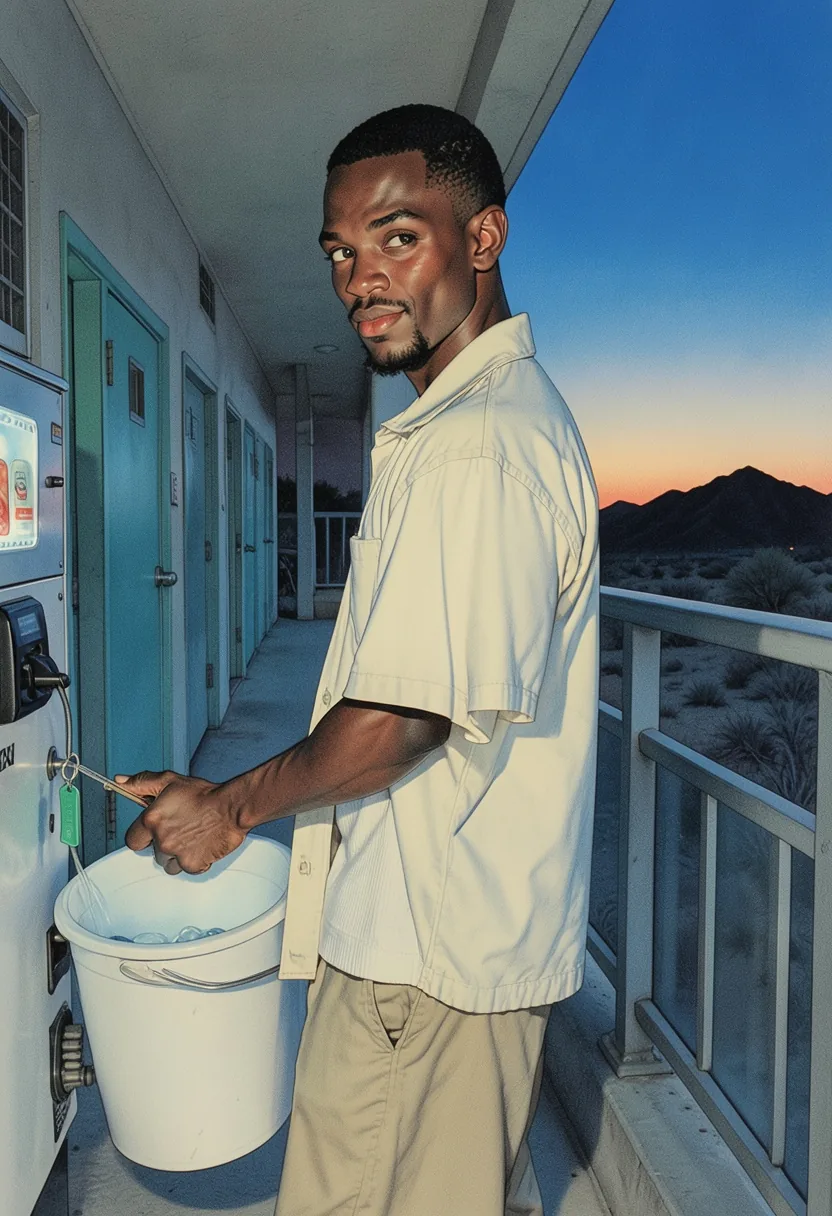 Disegno a matita colorata di un uomo con una camicia da bowling color crema aperta che riempie un secchio alla macchina del ghiaccio di un motel all’ora blu, con montagne e un cielo arancione alle spalle