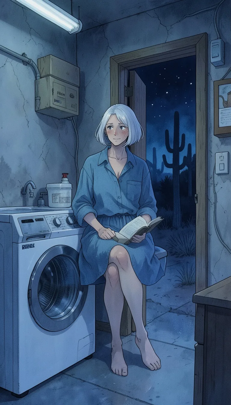 Illustrazione dipinta a mano di una donna dai capelli argentati con un abito camicia di chambray che legge un libro accanto a una lavatrice nella lavanderia di un motel, con i cactus fuori dalla porta aperta di notte