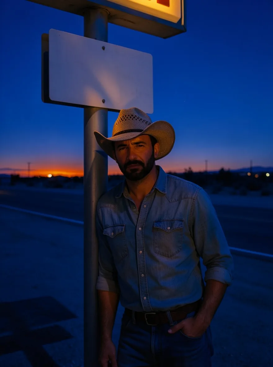 Fotografia di un uomo barbuto con un cappello da cowboy di paglia e una camicia di jeans appoggiato al palo di un cartello stradale all’ora blu, con un bagliore arancione all’orizzonte