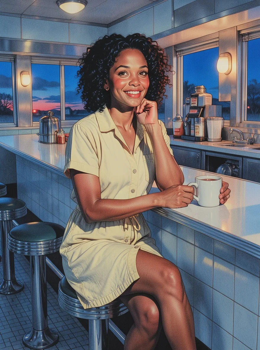 Disegno a matita colorata di una donna sorridente con i capelli ricci e un abito camicia giallo al bancone di una tavola calda con una tazza di caffè, con il blu del crepuscolo alle finestre