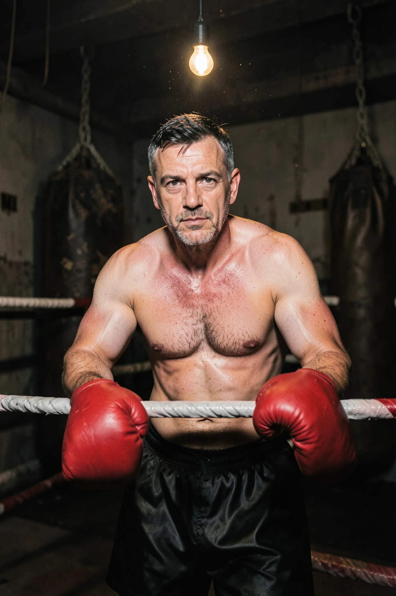 Un pugile di mezza età con guantoni rossi appoggiato alle corde di un ring in una palestra seminterrata in penombra, sotto una lampadina nuda