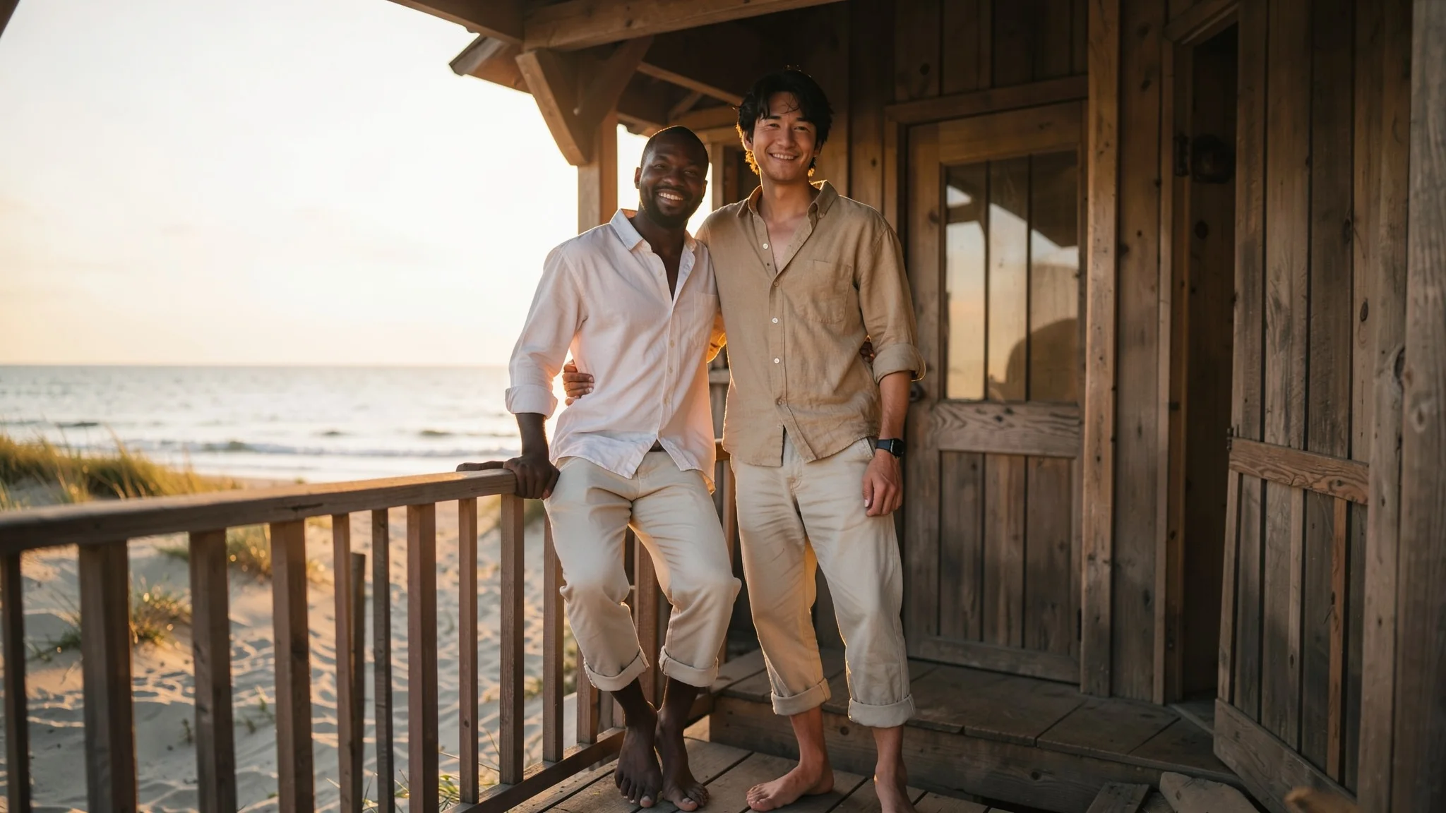 Due uomini in camicia di lino sul portico di una cabina di legno sulla spiaggia al tramonto, uno seduto sul parapetto e l'altro in piedi accanto a lui