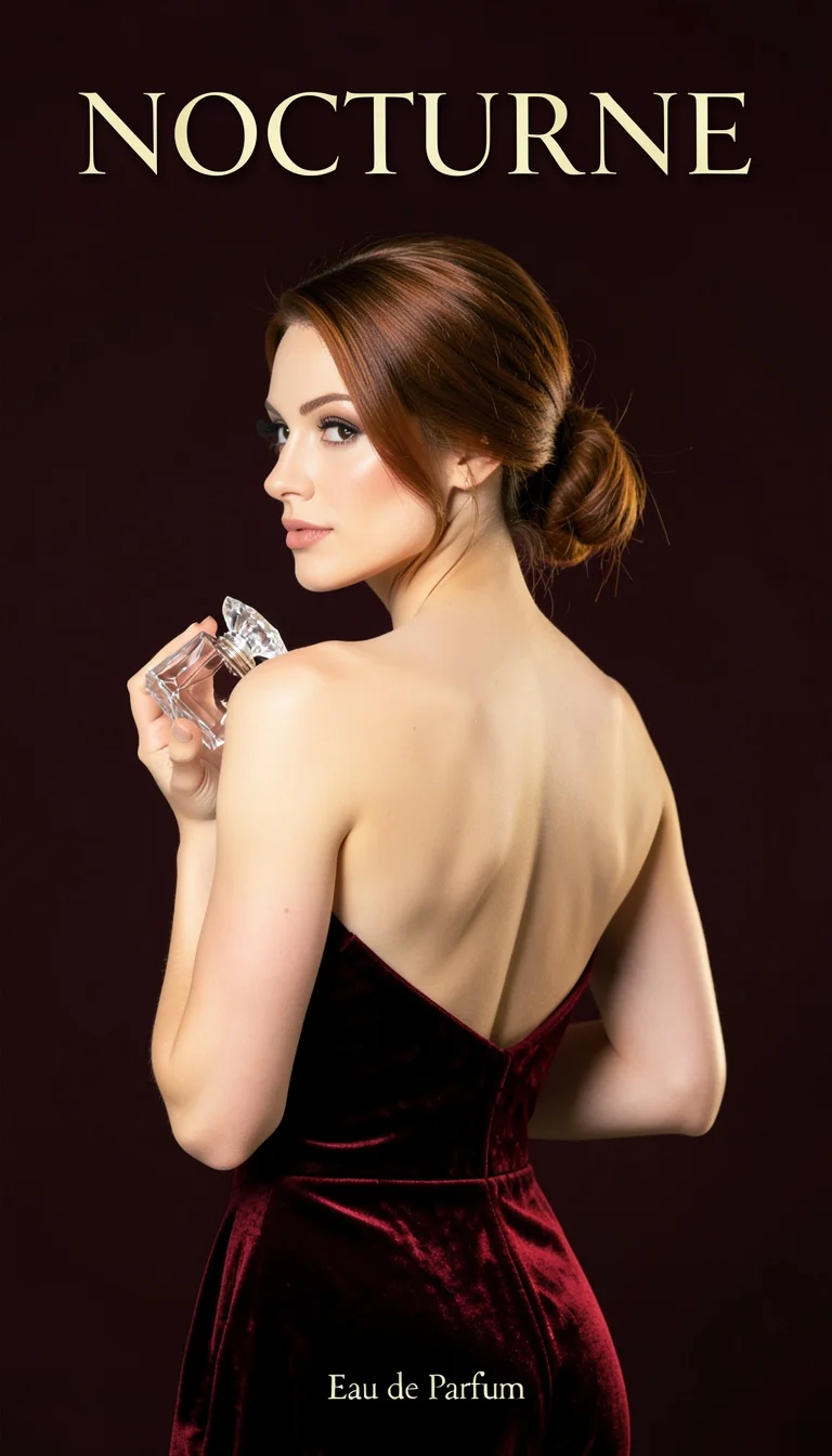 Una pubblicità di profumo con una donna di spalle in un abito da sera di velluto rosso scuro con la schiena scoperta che tiene un flacone di cristallo, con il titolo NOCTURNE e la riga Eau de Parfum su uno sfondo bordeaux scuro