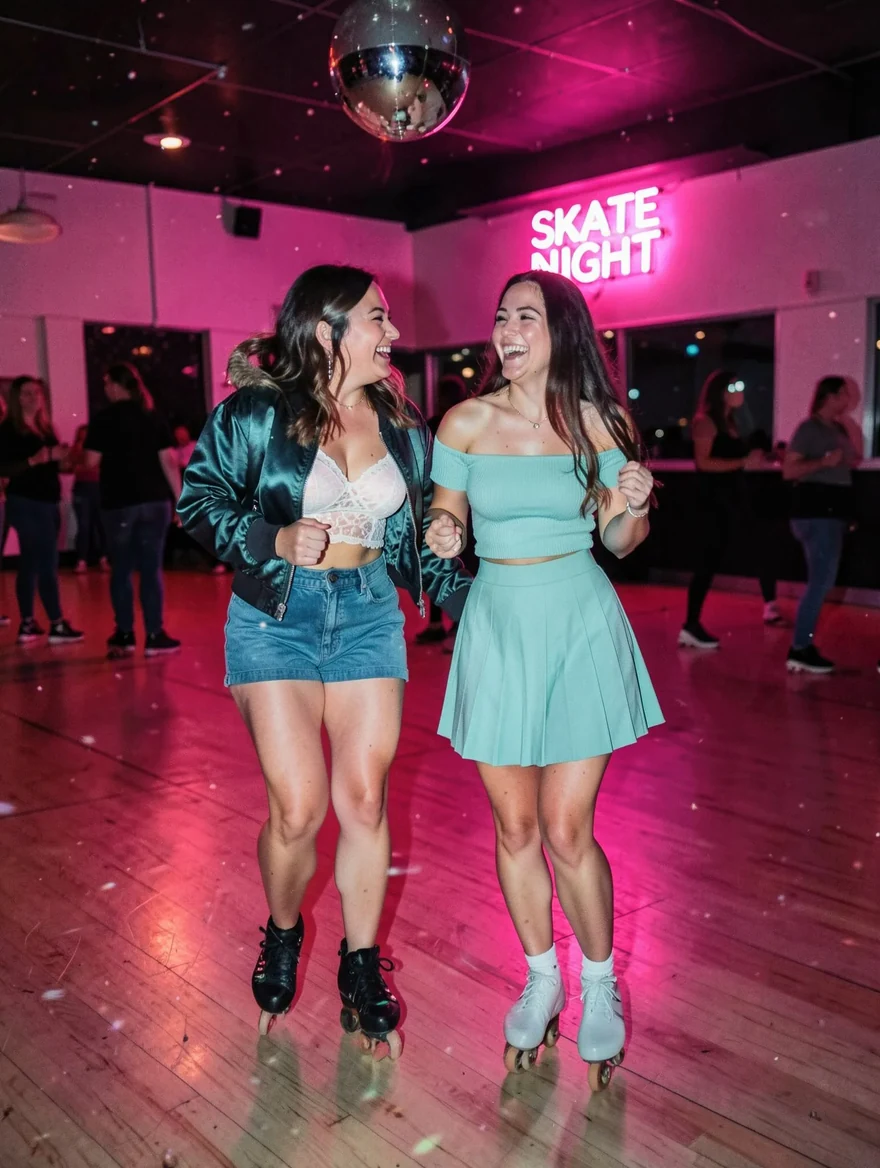 Due donne che pattinano a braccetto in una pista di pattinaggio di notte sotto una luce al neon rosa, una con giacca di raso e top di pizzo, l’altra con un top menta a spalle scoperte e una gonna plissettata, con un’insegna al neon SKATE NIGHT alle spalle