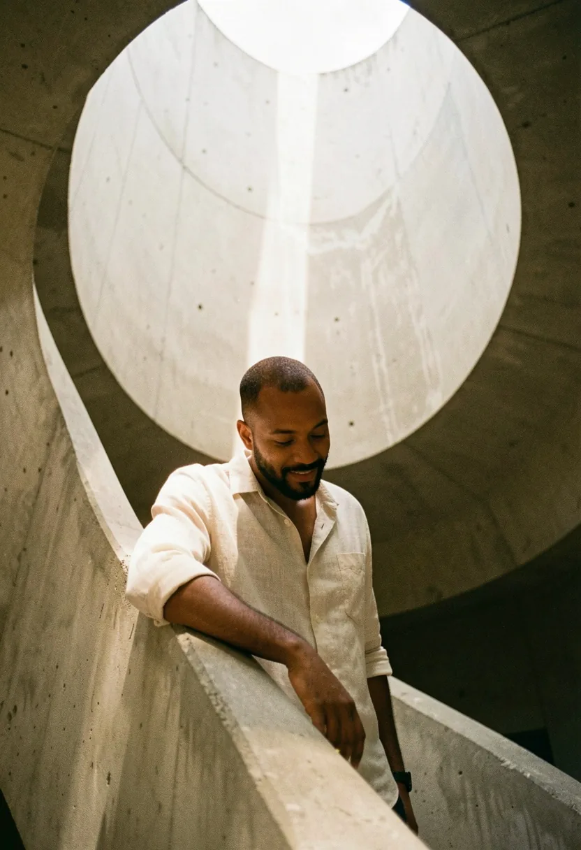 Foto in stile analogico di un uomo barbuto in una camicia di lino color crema, appoggiato a una balaustra curva di cemento sotto un lucernario rotondo