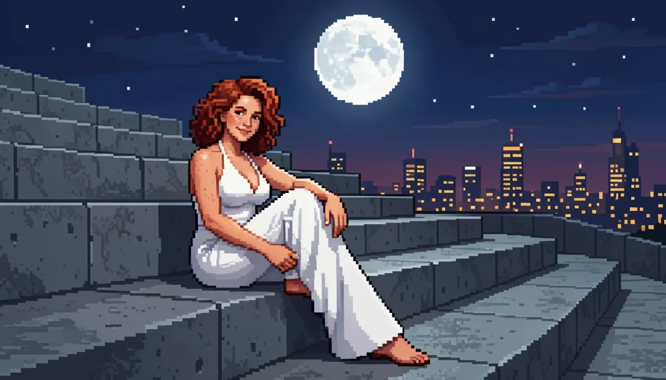 Immagine in pixel art di una donna dai capelli rossi ricci in una tuta bianca con allacciatura al collo, seduta sui gradini di cemento di un anfiteatro sotto la luna piena, con lo skyline di una città alle spalle