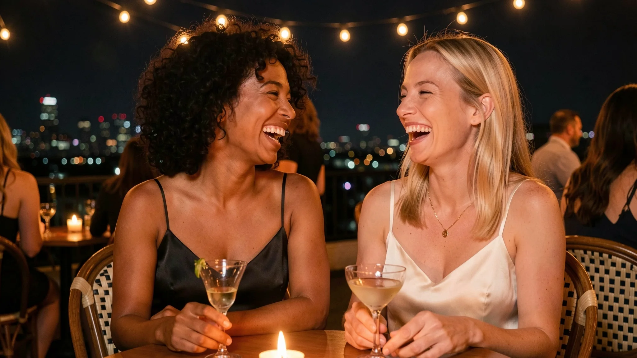Due donne che ridono a un tavolo su una terrazza di notte, una in raso nero e l'altra in seta bianca con collana dorata, luci a festone e lo skyline della città alle spalle