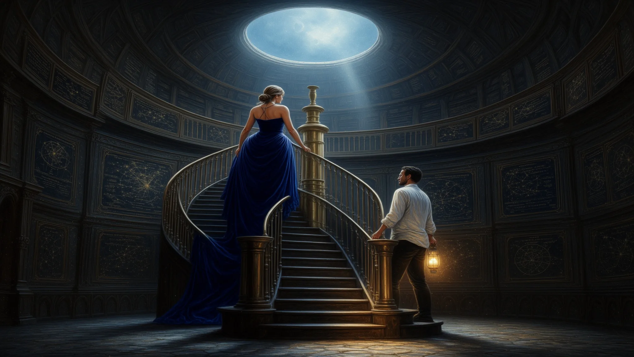 Dipinto fantasy di una donna con un abito di velluto blu che sale una scala a chiocciola dentro un osservatorio, mentre un uomo con una lanterna aspetta sotto, con un raggio di luna che cade attraverso la cupola