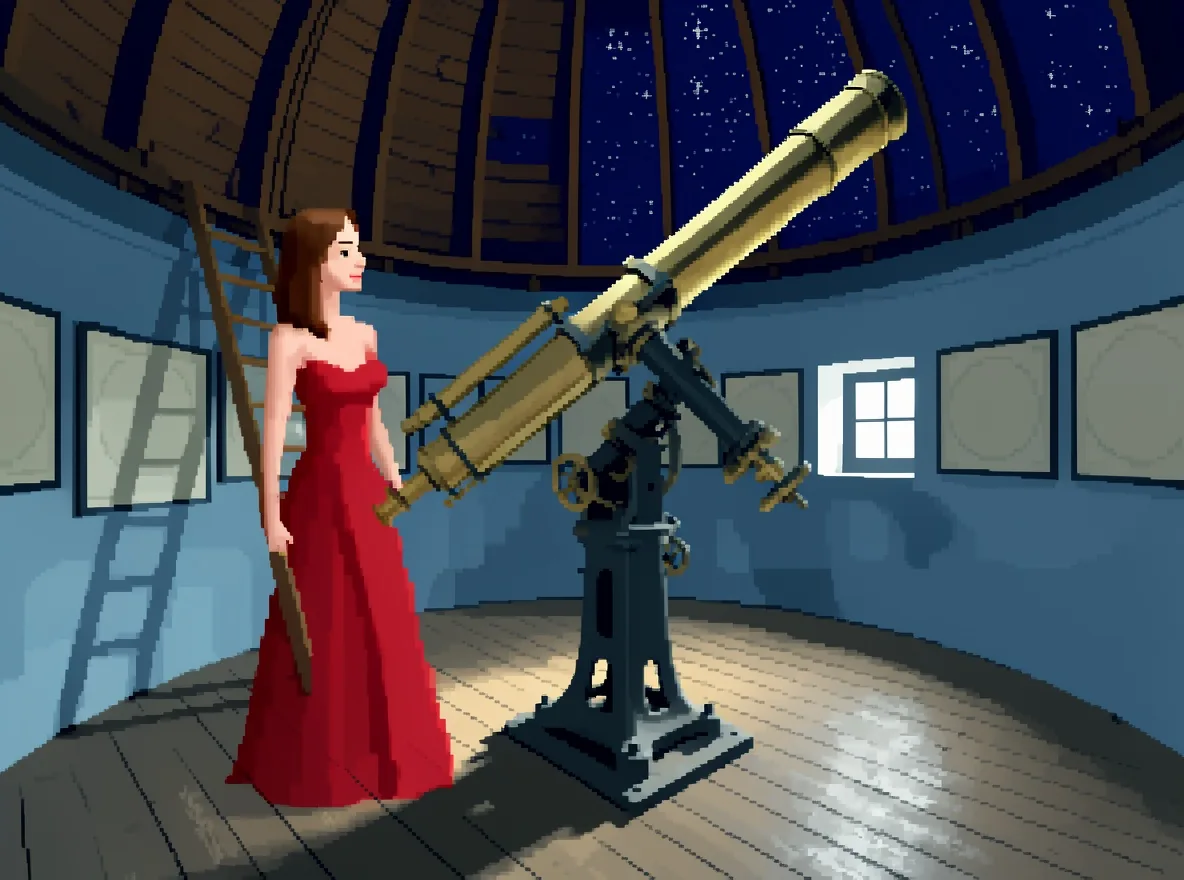 Pixel art di una donna con un lungo abito rosso accanto a un telescopio di ottone dentro un osservatorio sotto una cupola stellata