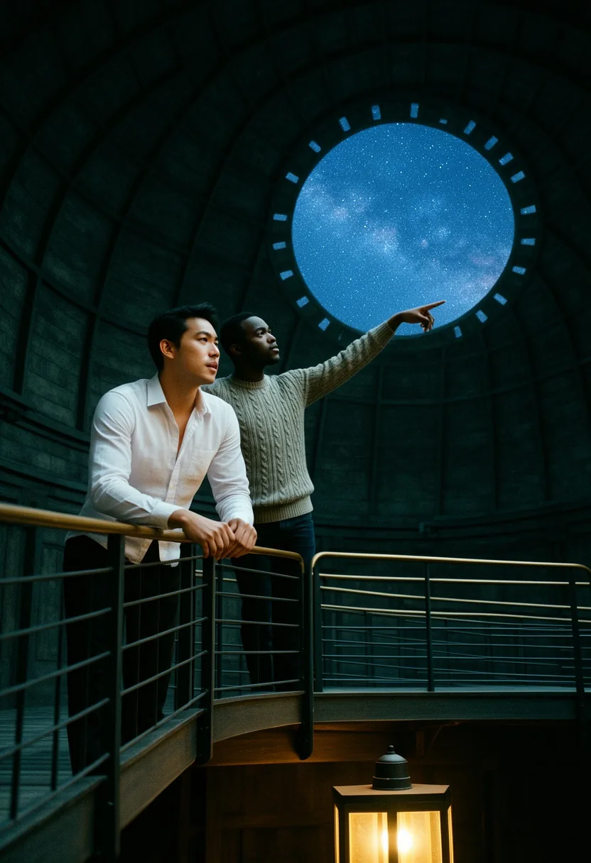 Fotografia di due uomini sulla passerella di ferro dentro un osservatorio di notte: uno appoggiato alla ringhiera con una camicia bianca, l’altro che indica le stelle attraverso la cupola