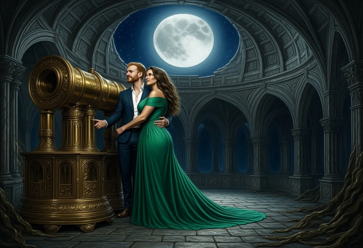 Dipinto fantasy di una coppia all’oculare di un telescopio di ottone sotto la luna piena, con lei in un abito verde appoggiata all’indietro contro di lui