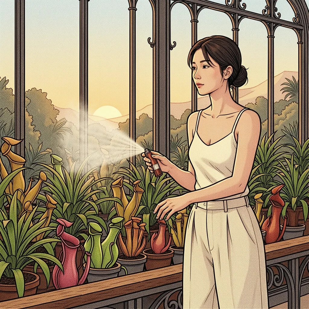 Illustrazione a inchiostro con ombreggiatura a puntini di una donna con un top crema che spruzza piante carnivore in una serra all'alba